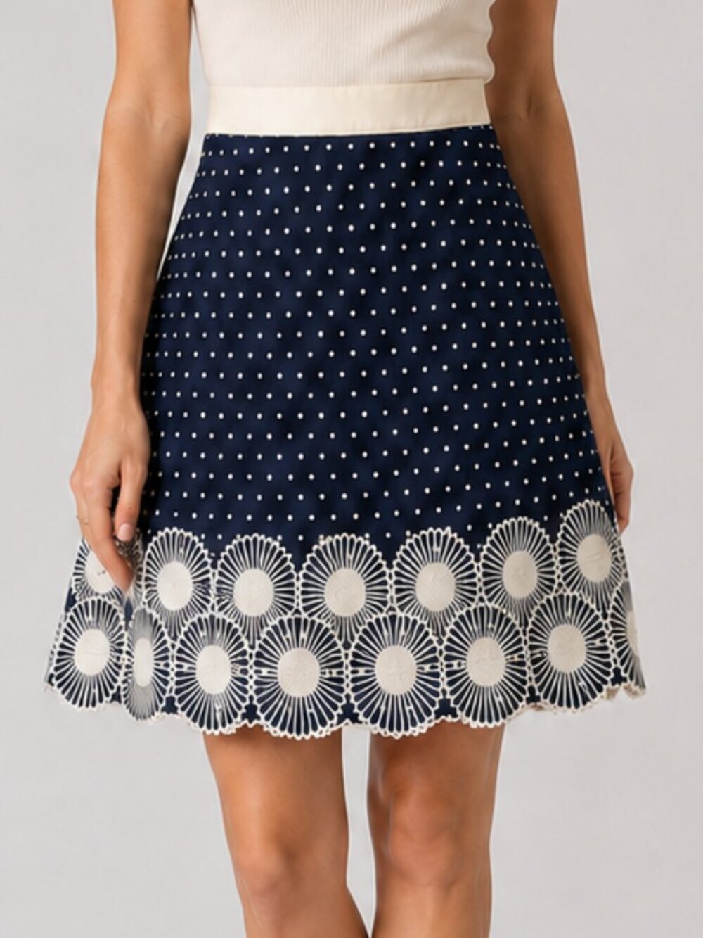 Boden Navy Polka Dot A-Line Skirt Scalloped Eyelet Lace Hem SZ 10 Cottagecore